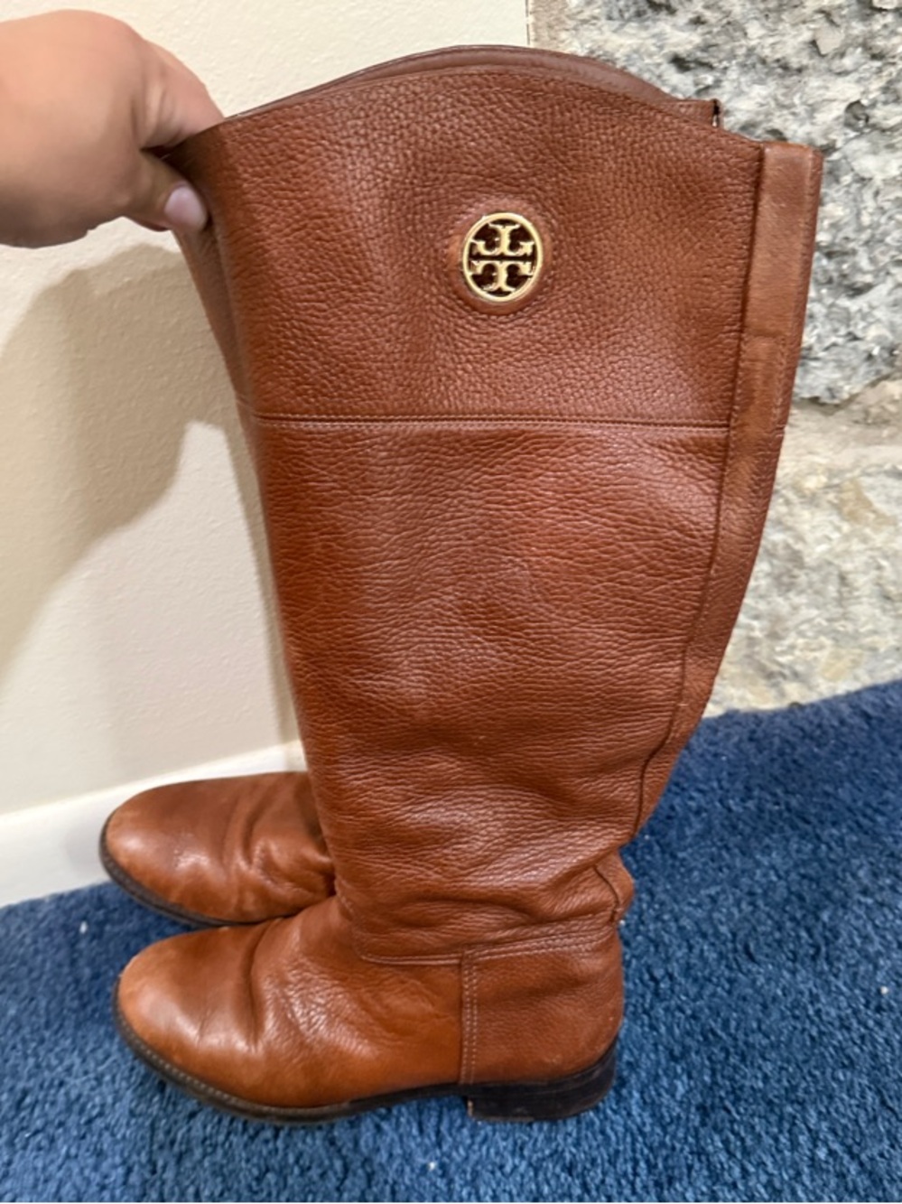 Tory Burch Brown Leather Knee-High Riding Boots with Gold Logo